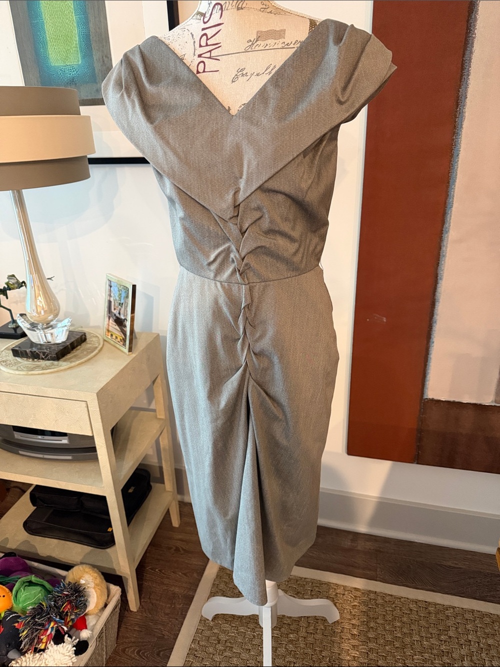 Byron Lars beauty mark Grey Ruched V-Neck Midi Dress